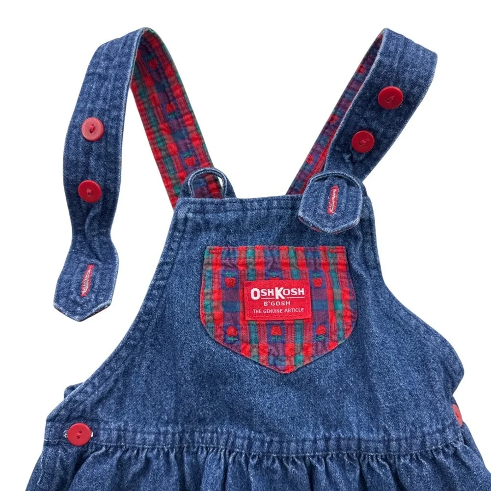 Vintage OshKosh B'gosh 2T Denim Jumper Dress Plaid‎ Bow USA Made Toddler Girl